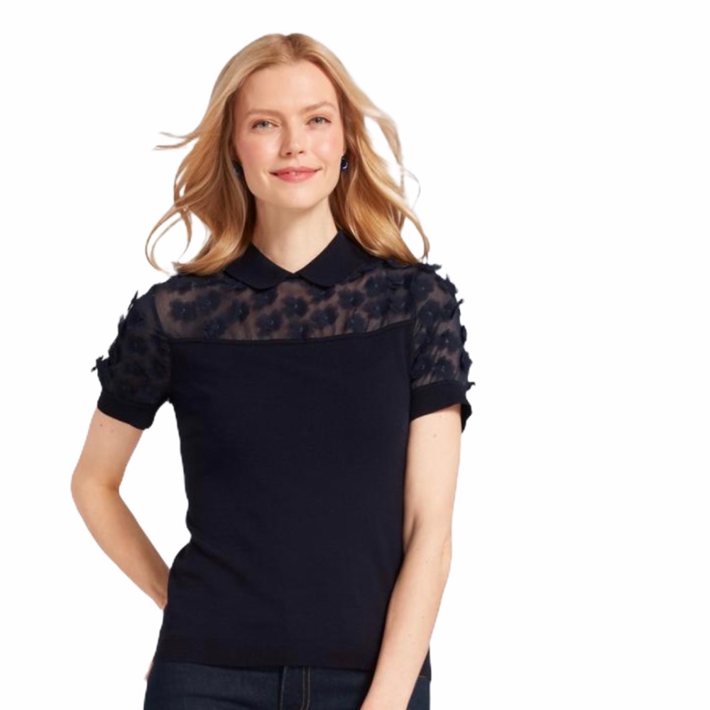 Draper James Navy Sweater with Sheer Floral Detail